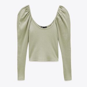Zara Sage Green medium nwt Puff Sleeve scoop neck Top
